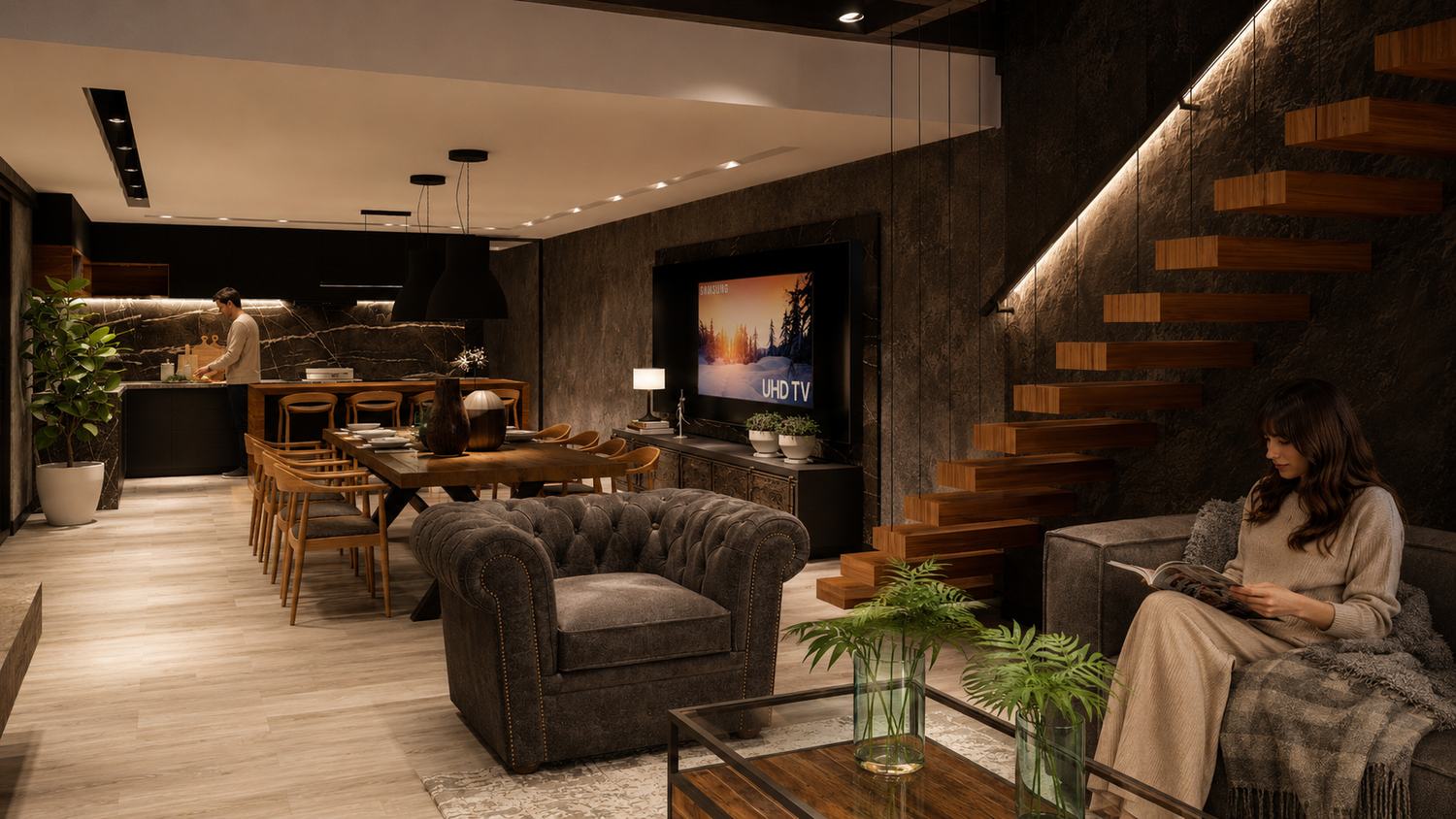 Living comedor integrado con cocina y escalera suspendida de madera, diseñado por Lola Lloret