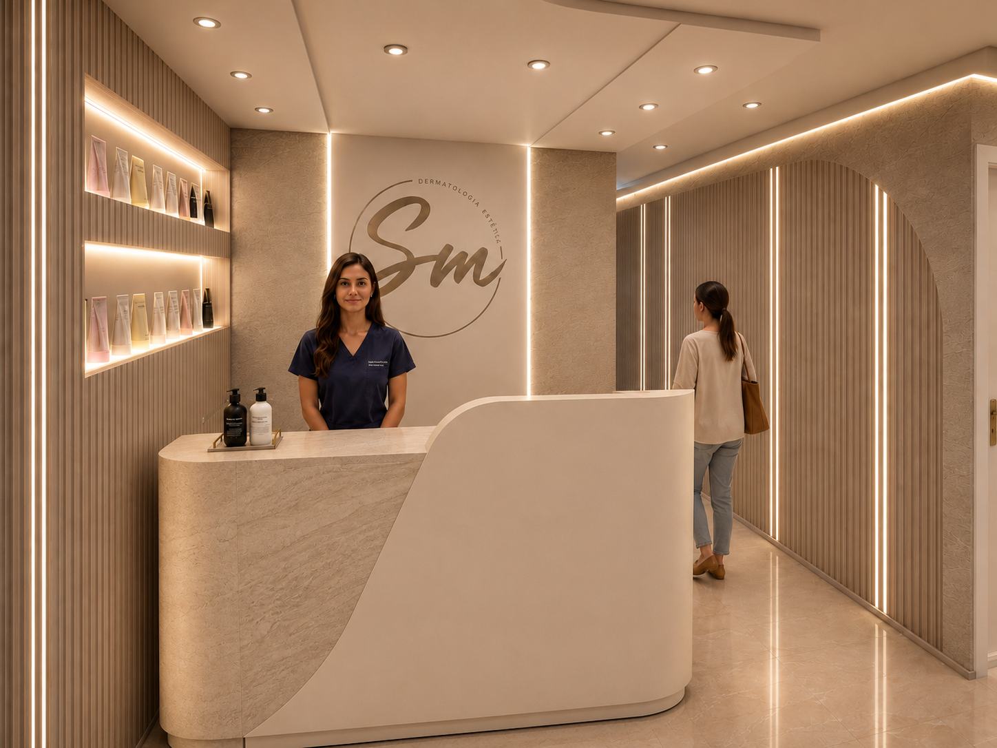 Recepción de SM Dermatología Estética con mostrador curvo